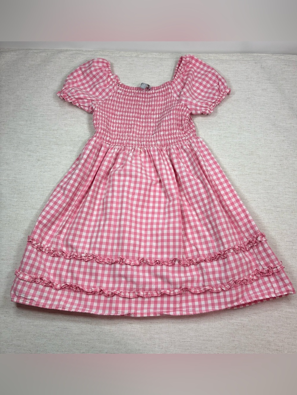 Children Place girl 16 Pink white Gingham Puff-Sleeve smocked Dress